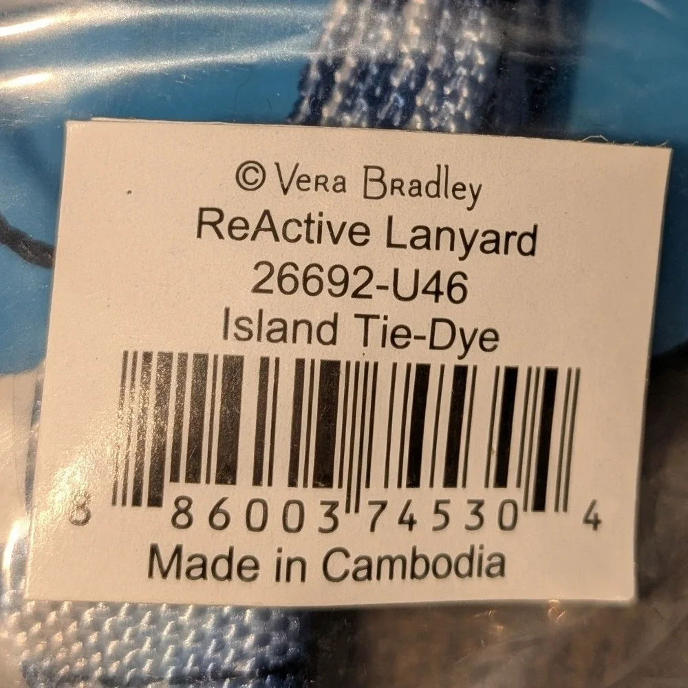 Vera Bradley ReActive Lanyard Island Tie Dye Blue White Recycled 26692-U46 NEW